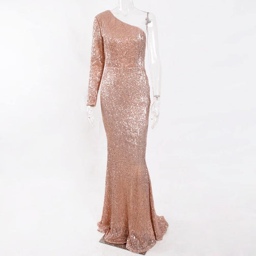 One Shoulder Stretchy Silver Sequin Party Dress Full Lining Bodycon Floor Length Backless Mermaid Tight Summer Dress Seewest