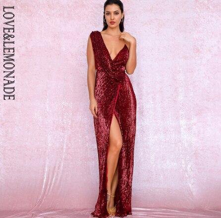 LOVE&LEMONADE Sexy Deep Red Deep V-Neck Whit Split Sequins Party Maxi Dress LM81849 Seewest