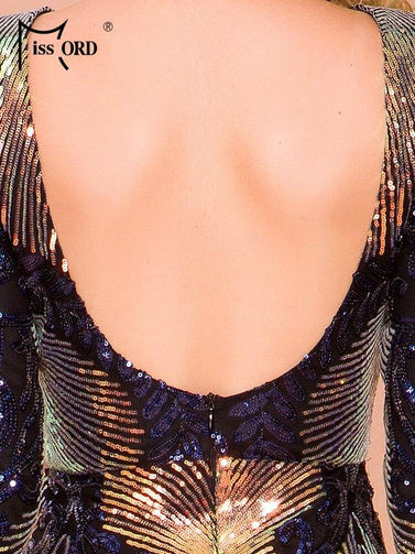 Missord 2020 Women Sexy O Neck Long Sleeve Backless Sequin Dresses Female Maxi Elegant Multi Summer Dress FT19747 Seewest