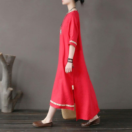 Original national style women's dress stitching embroidery tear edge linen dress loose sleeve high - grade Seewest