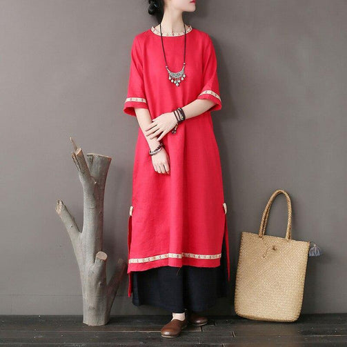 Original national style women's dress stitching embroidery tear edge linen dress loose sleeve high - grade Seewest