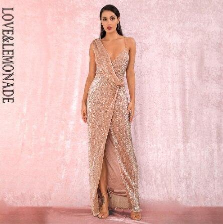 LOVE&LEMONADE Sexy Deep Red Deep V-Neck Whit Split Sequins Party Maxi Dress LM81849 Seewest