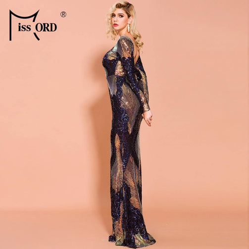 Missord 2020 Women Sexy O Neck Long Sleeve Backless Sequin Dresses Female Maxi Elegant Multi Summer Dress FT19747 Seewest