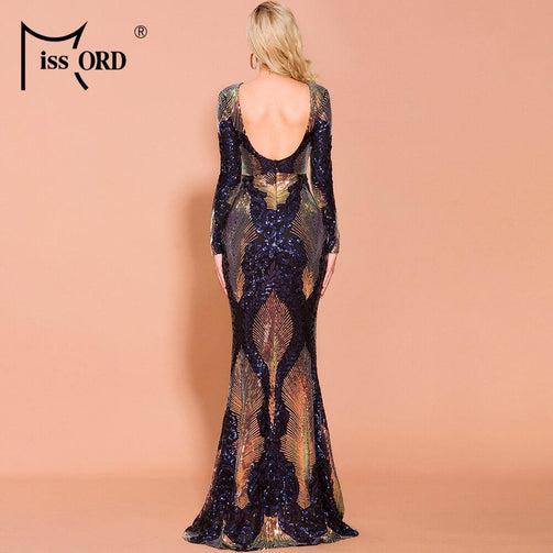Missord 2020 Women Sexy O Neck Long Sleeve Backless Sequin Dresses Female Maxi Elegant Multi Summer Dress FT19747 Seewest