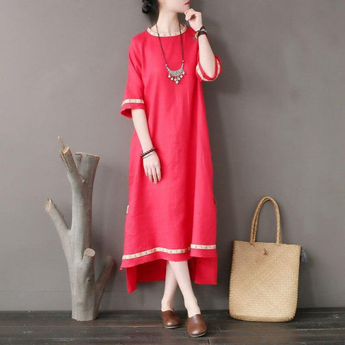 Original national style women's dress stitching embroidery tear edge linen dress loose sleeve high - grade Seewest