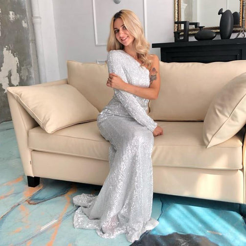 One Shoulder Stretchy Silver Sequin Party Dress Full Lining Bodycon Floor Length Backless Mermaid Tight Summer Dress Seewest