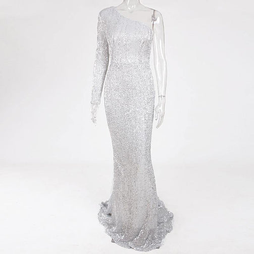 One Shoulder Stretchy Silver Sequin Party Dress Full Lining Bodycon Floor Length Backless Mermaid Tight Summer Dress Seewest