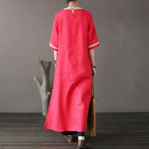 Original national style women's dress stitching embroidery tear edge linen dress loose sleeve high - grade Seewest