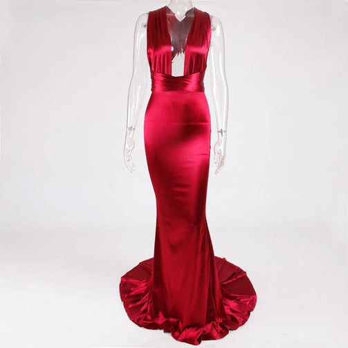 Sexy Backless Satin Bodycon Party Dress Halter Floor Length Maxi Dress Sleeveless V Neck Long Dress Stretch Satin Mermaid Dress Seewest