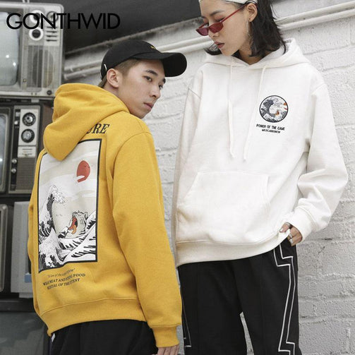 GONTHWID Japanese Embroidery Funny Cat Wave Printed Fleece Hoodies 2020 Winter Japan Style Hip Hop Casual Sweatshirts Streetwear Seewest