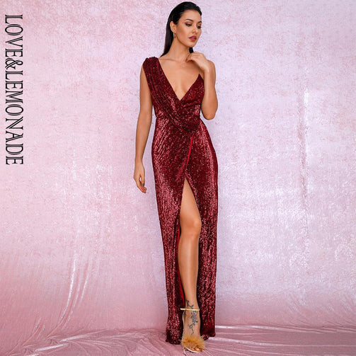 LOVE&LEMONADE Sexy Deep Red Deep V-Neck Whit Split Sequins Party Maxi Dress LM81849 Seewest