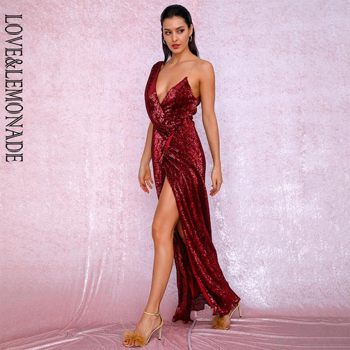 LOVE&LEMONADE Sexy Deep Red Deep V-Neck Whit Split Sequins Party Maxi Dress LM81849 Seewest