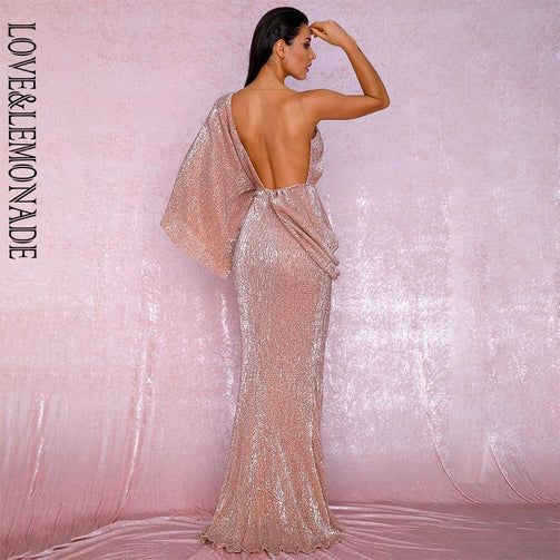 LOVE&LEMONADE Sexy Rose Gold V-Neck Single Sleeve Sequins Split Party Maxi Dress LM81848 Seewest
