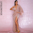 LOVE&LEMONADE Sexy Rose Gold V-Neck Single Sleeve Sequins Split Party Maxi Dress LM81848 Seewest