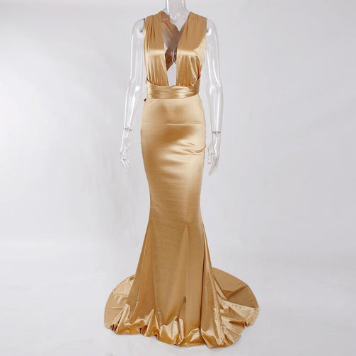 Sexy Backless Satin Bodycon Party Dress Halter Floor Length Maxi Dress Sleeveless V Neck Long Dress Stretch Satin Mermaid Dress Seewest
