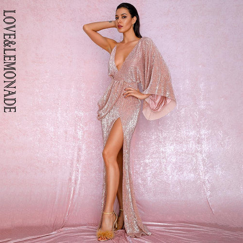 LOVE&LEMONADE Sexy Rose Gold V-Neck Single Sleeve Sequins Split Party Maxi Dress LM81848 Seewest