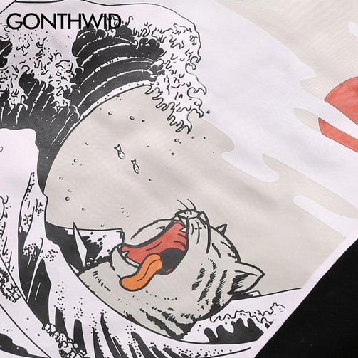 GONTHWID Japanese Embroidery Funny Cat Wave Printed Fleece Hoodies 2020 Winter Japan Style Hip Hop Casual Sweatshirts Streetwear Seewest