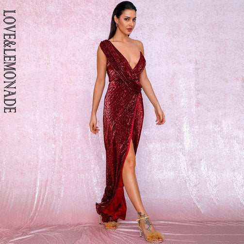 LOVE&LEMONADE Sexy Deep Red Deep V-Neck Whit Split Sequins Party Maxi Dress LM81849 Seewest