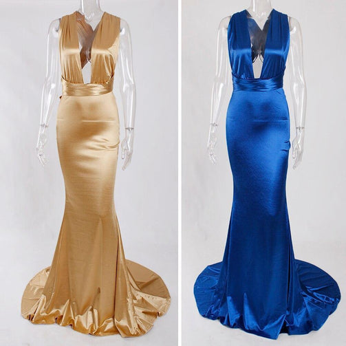 Sexy Backless Satin Bodycon Party Dress Halter Floor Length Maxi Dress Sleeveless V Neck Long Dress Stretch Satin Mermaid Dress Seewest