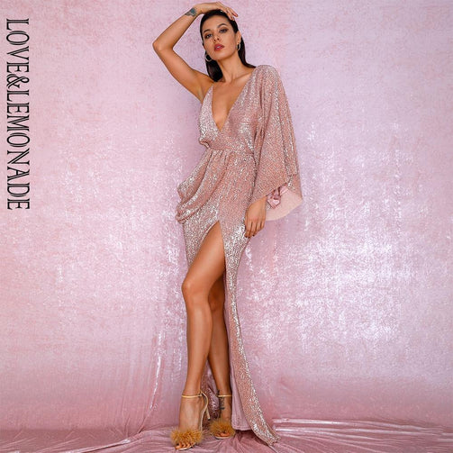 LOVE&LEMONADE Sexy Rose Gold V-Neck Single Sleeve Sequins Split Party Maxi Dress LM81848 Seewest