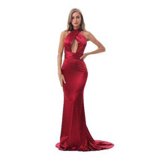 Sexy Backless Satin Bodycon Party Dress Halter Floor Length Maxi Dress Sleeveless V Neck Long Dress Stretch Satin Mermaid Dress Seewest