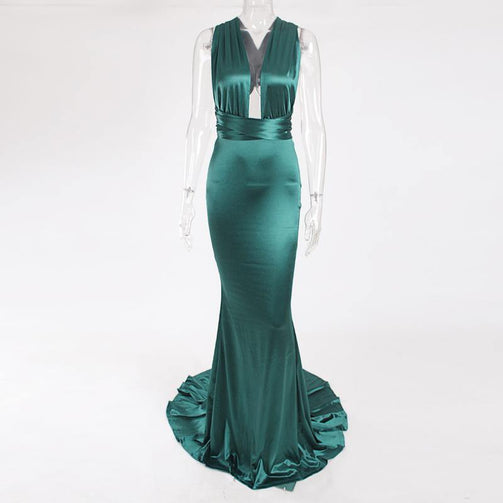 Sexy Backless Satin Bodycon Party Dress Halter Floor Length Maxi Dress Sleeveless V Neck Long Dress Stretch Satin Mermaid Dress Seewest