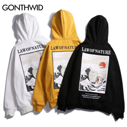 GONTHWID Japanese Embroidery Funny Cat Wave Printed Fleece Hoodies 2020 Winter Japan Style Hip Hop Casual Sweatshirts Streetwear Seewest