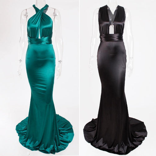 Sexy Backless Satin Bodycon Party Dress Halter Floor Length Maxi Dress Sleeveless V Neck Long Dress Stretch Satin Mermaid Dress Seewest