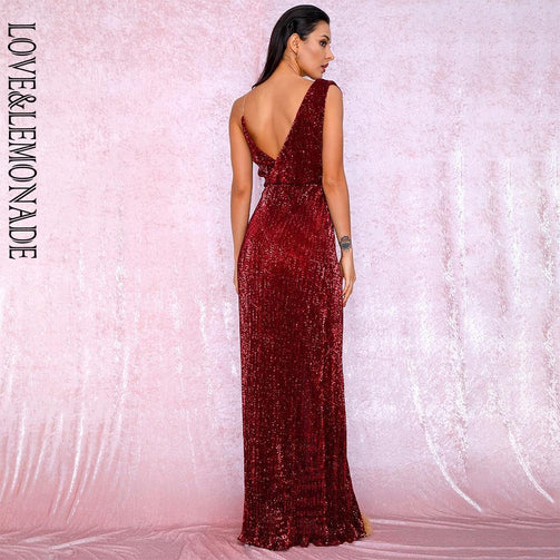 LOVE&LEMONADE Sexy Deep Red Deep V-Neck Whit Split Sequins Party Maxi Dress LM81849 Seewest