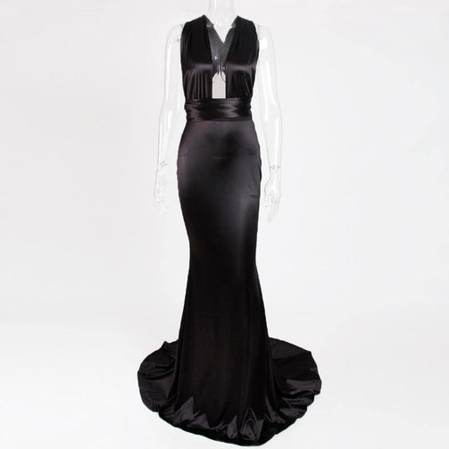 Sexy Backless Satin Bodycon Party Dress Halter Floor Length Maxi Dress Sleeveless V Neck Long Dress Stretch Satin Mermaid Dress Seewest