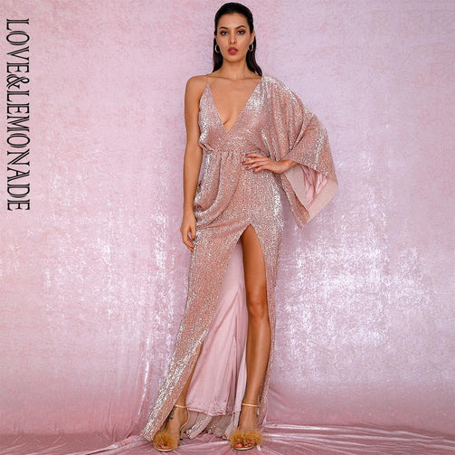 LOVE&LEMONADE Sexy Rose Gold V-Neck Single Sleeve Sequins Split Party Maxi Dress LM81848 Seewest