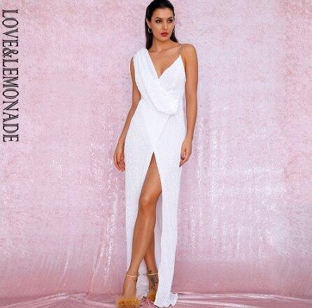 LOVE&LEMONADE Sexy Deep Red Deep V-Neck Whit Split Sequins Party Maxi Dress LM81849 Seewest