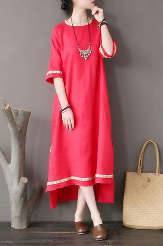 Original national style women's dress stitching embroidery tear edge linen dress loose sleeve high - grade Seewest