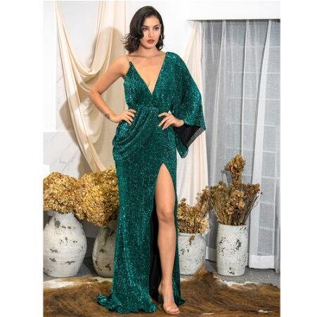 LOVE&LEMONADE Sexy Rose Gold V-Neck Single Sleeve Sequins Split Party Maxi Dress LM81848 Seewest