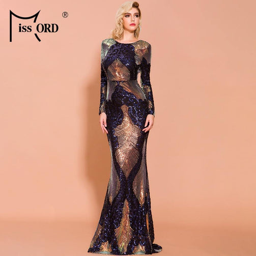 Missord 2020 Women Sexy O Neck Long Sleeve Backless Sequin Dresses Female Maxi Elegant Multi Summer Dress FT19747 Seewest