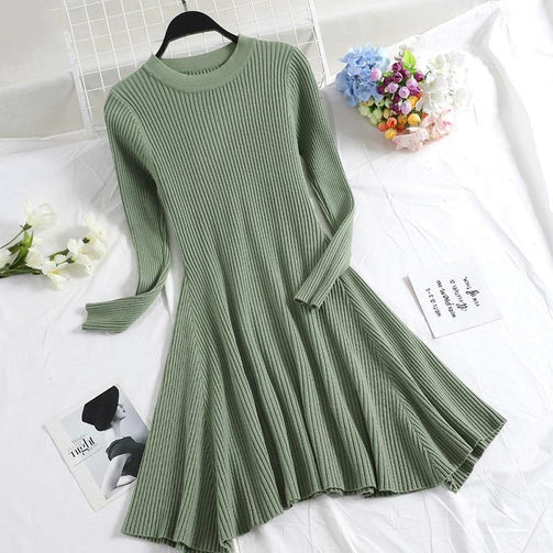 Women Long Sleeve Sweater Dress Women's Irregular Hem Casual Autumn Winter Dress Women O-neck A Line Short Mini Knitted Dresses Seewest