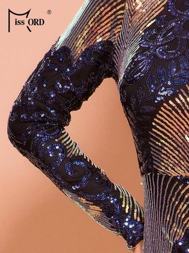 Missord 2020 Women Sexy O Neck Long Sleeve Backless Sequin Dresses Female Maxi Elegant Multi Summer Dress FT19747 Seewest