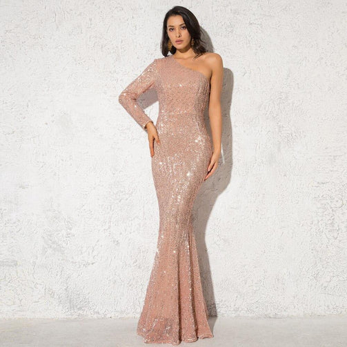 One Shoulder Stretchy Silver Sequin Party Dress Full Lining Bodycon Floor Length Backless Mermaid Tight Summer Dress Seewest