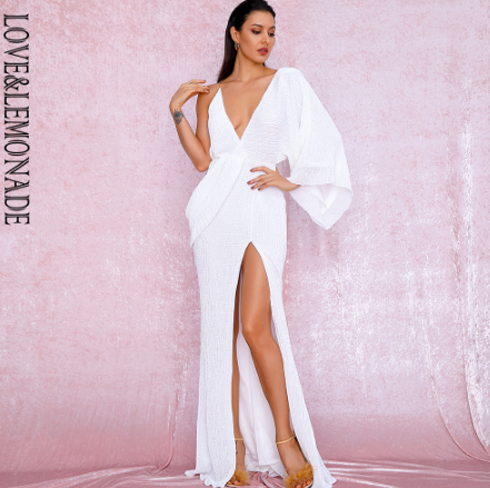 LOVE&LEMONADE Sexy Rose Gold V-Neck Single Sleeve Sequins Split Party Maxi Dress LM81848 Seewest