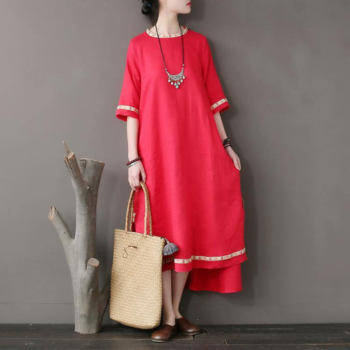 Original national style women's dress stitching embroidery tear edge linen dress loose sleeve high - grade Seewest