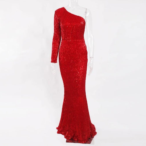 One Shoulder Stretchy Silver Sequin Party Dress Full Lining Bodycon Floor Length Backless Mermaid Tight Summer Dress Seewest
